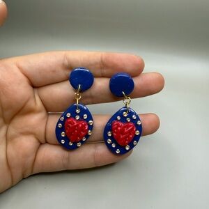 Chic Blue and Red Heart Dangle Earrings